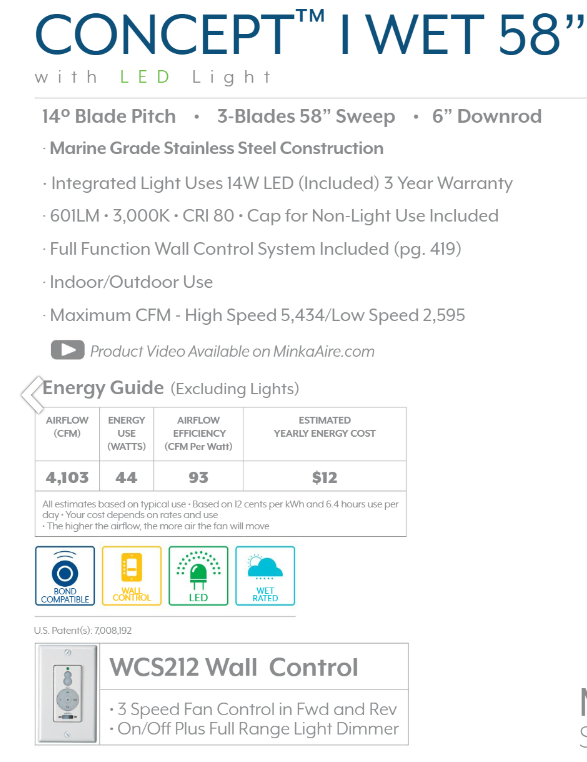 Minka Aire Concept I Wet LED Outdoor Ceiling Fan with 14W LED and Wall Control