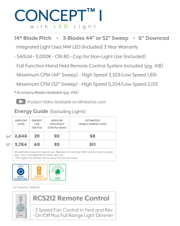 Minka Aire Concept I LED Ceiling Fan with 14W LED and handheld Remote Control