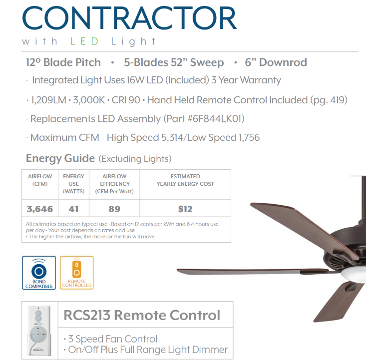 Minka Aire Contractor 52" Ceiling Fan with 16W Dimmable LED Light and Remote Control