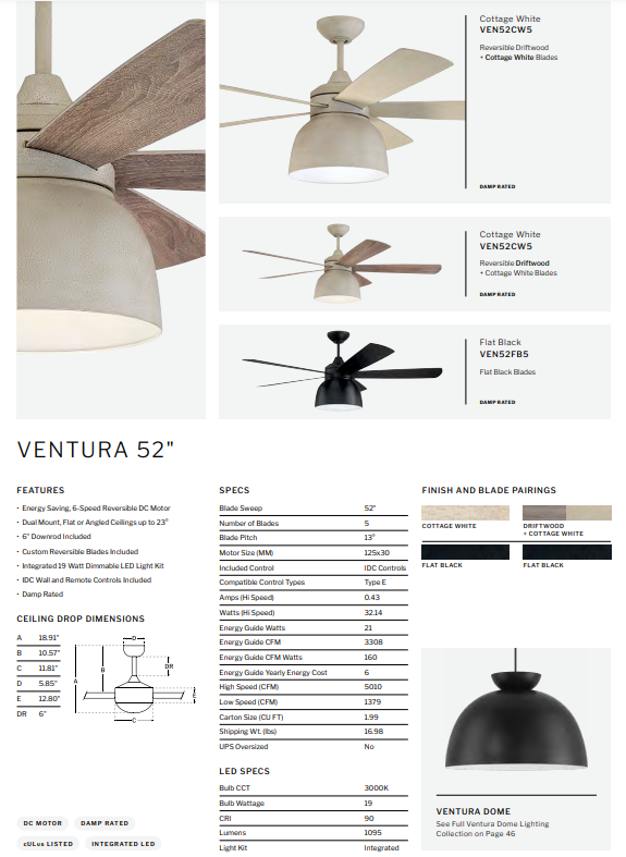 Craftmade Ventura 52" Indoor/Outdoor DC Ceiling Fan with 19W LED and Wall and Remote