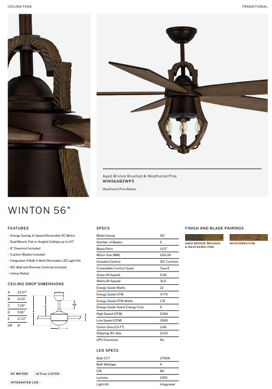 Craftmade Winton 56" DC Ceiling Fan with LED and Wall Control plus Remote in Aged Bronze Brushed