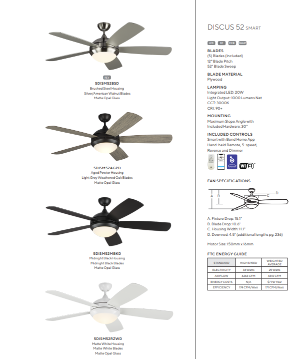 Generation Lighting 52'' Discus Smart DC Ceiling Fan with 20W LED and Remote