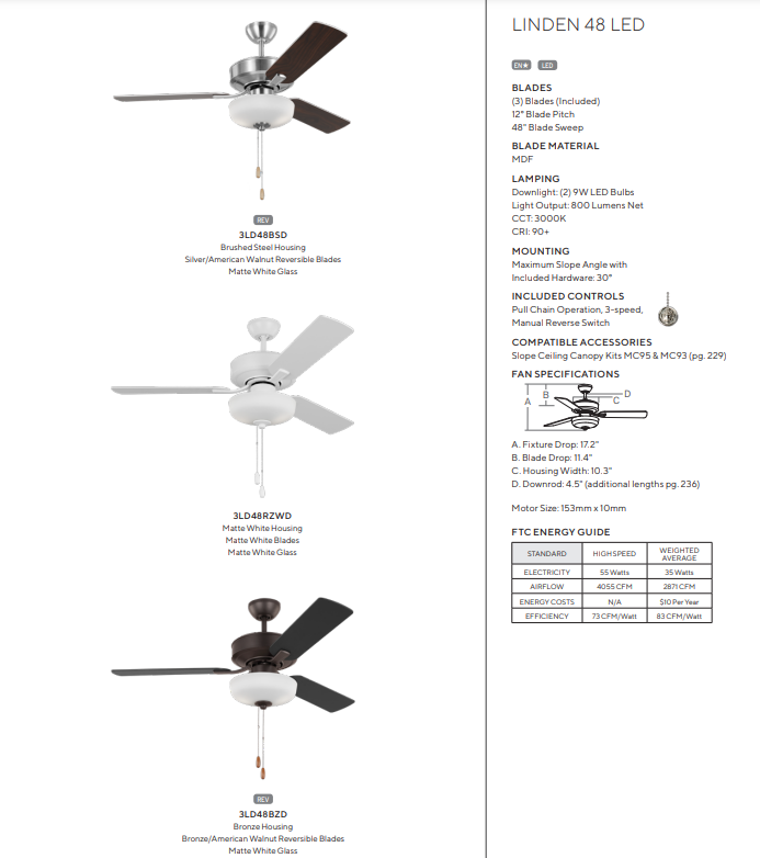 Generation Lighting Linden 48'' Pull Chain Ceiling Fan with 9W LED Light`