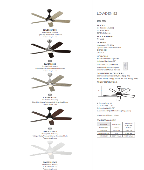 Generation Lighting Lowden 52'' Indoor/Outdoor Ceiling Fan with 20W LED and Remote