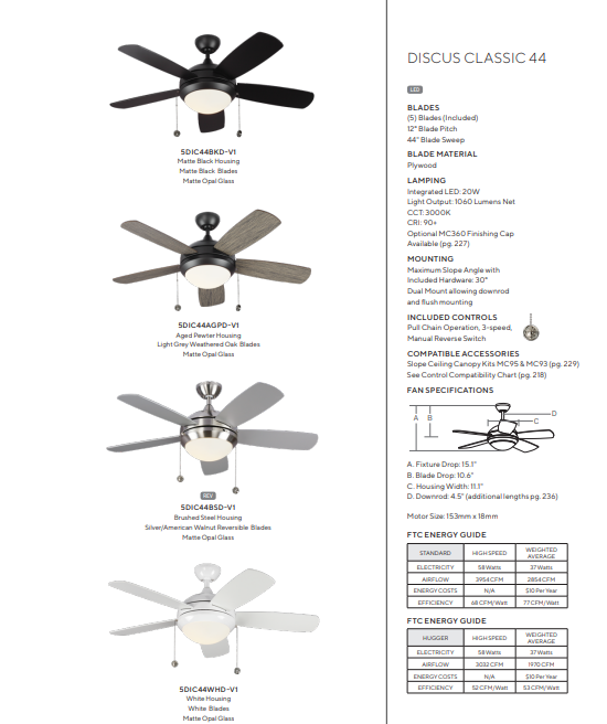 Generation Lighting Discus Classic Pull Chain Ceiling Fan with 20W LED