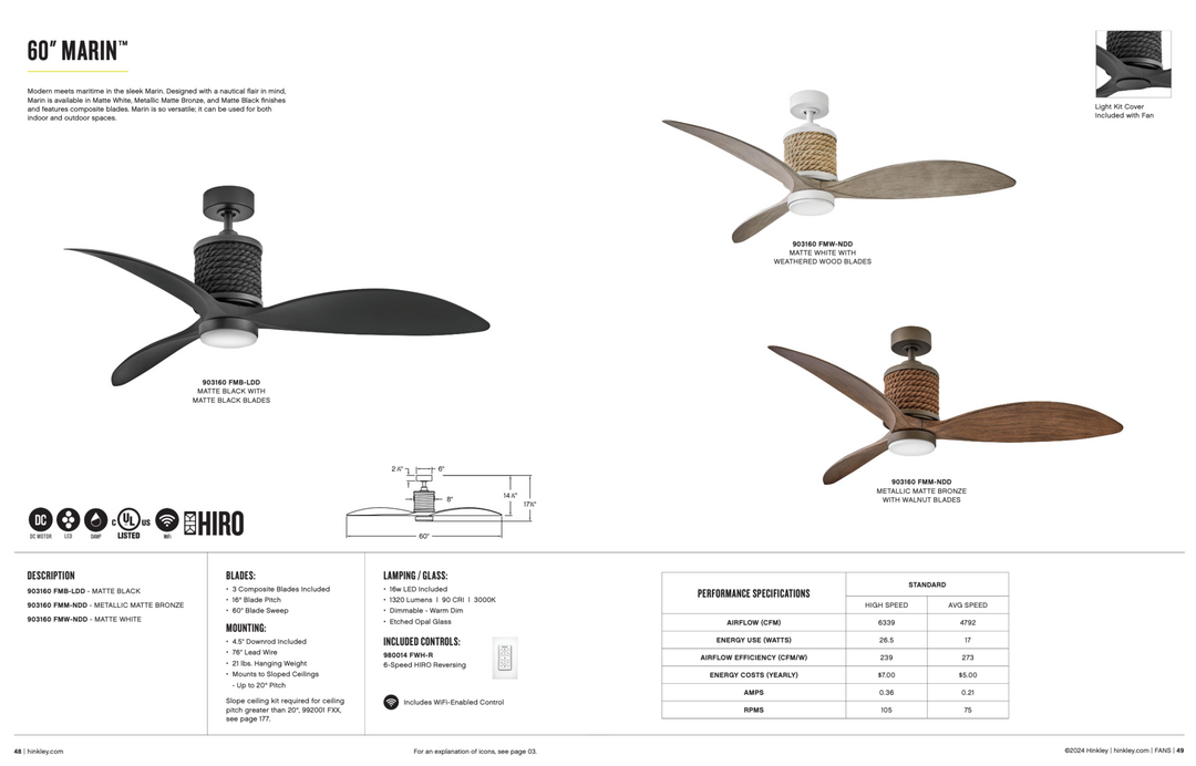 Hinkley Fan Marin 60" Indoor/Outdoor Smart DC LED Ceiling Fan with Hiro Control