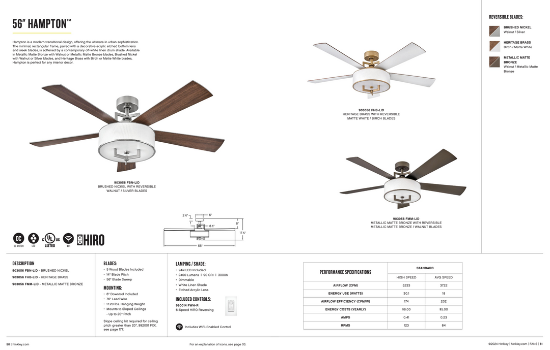 Hinkley Fan Hampton 56" Indoor Smart DC LED Ceiling Fan with Hiro Control