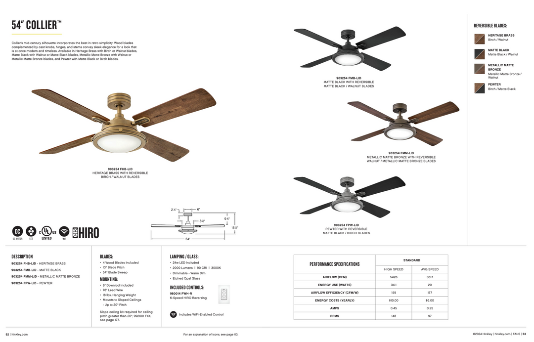 Hinkley Fan Collier 54" Smart Indoor DC LED Ceiling Fan with Hiro Control