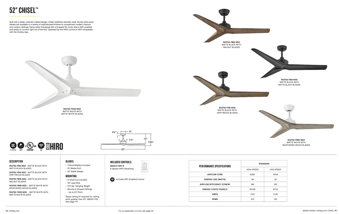 Hinkley Fan Chisel 52" Smart Indoor/Outdoor DC Ceiling Fan with Hiro Control