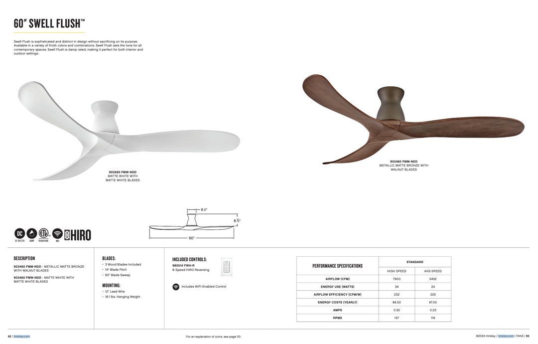 Hinkley Fan Swell Flush 60" Smart Indoor/Outdoor DC Ceiling Fan with Hiro Control