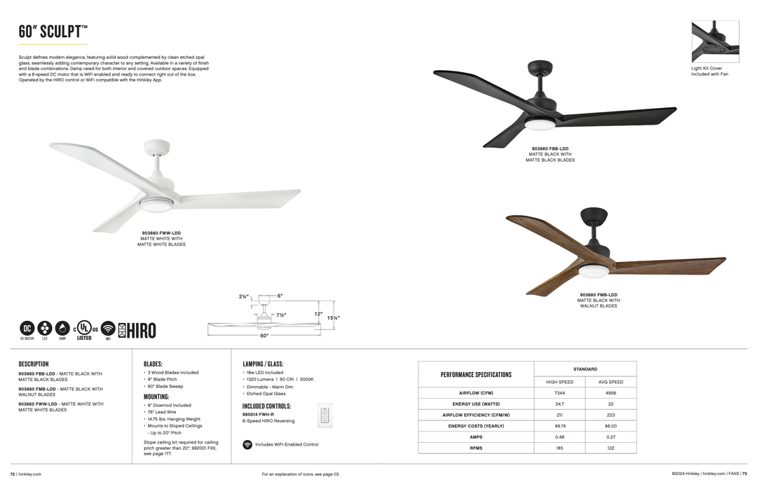 Hinkley Fan Sculpt 60" Smart Indoor/Outdoor DC with 16W LED Ceiling Fan with Hiro Control