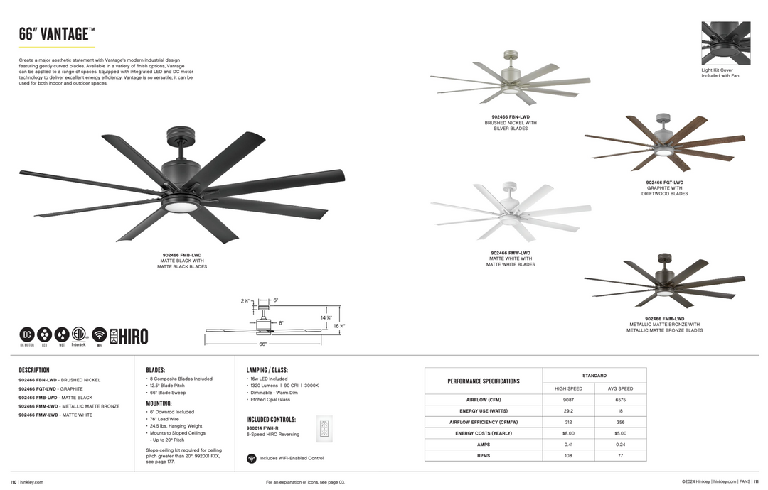 Hinkley Fan Vantage 66" Smart Outdoor DC 16W LED Ceiling Fan with Hiro Control