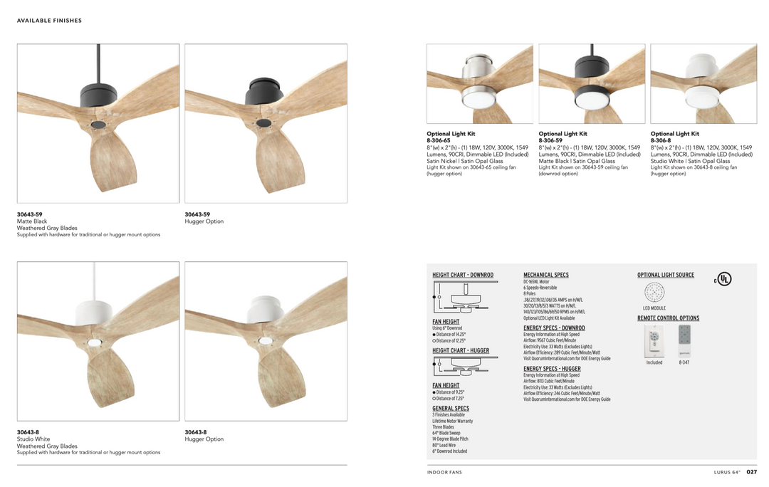 Quorum Lurus 64" DC Hugger Ceiling Fan with Wall Control