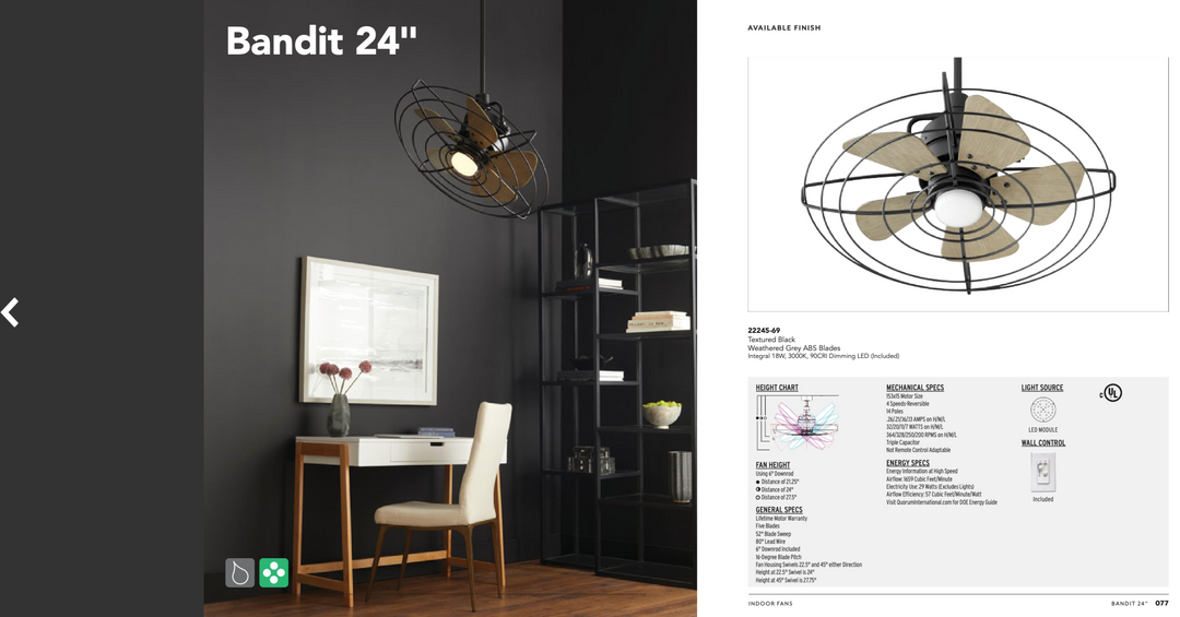 Quorum Bandit 24" Indoor/Outdoor 18W LED Swivel Patio Fan with Wall Control