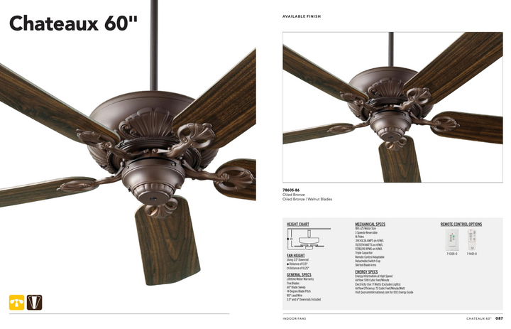 Quorum Chateaux 60" Indoor Pull Chain Ceiling Fan in Oiled Bronze