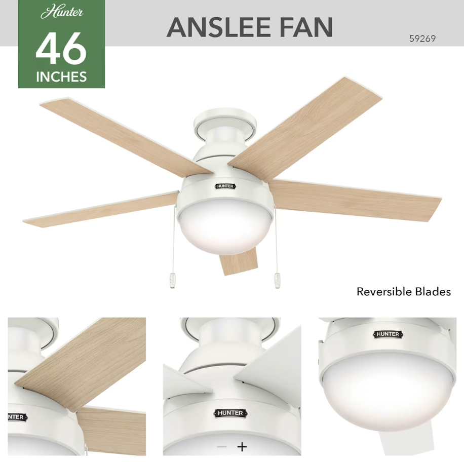 Hunter Fan Anslee 46" Flushmount Pull Chain Ceiling Fan with 18W LED