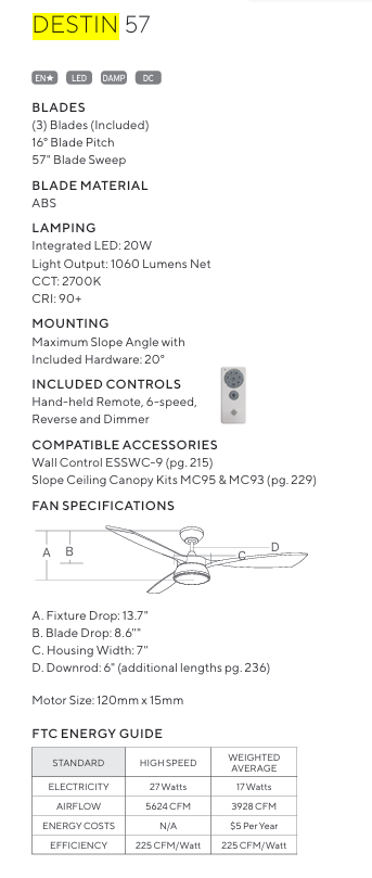 Visual Comfort Fan Destin 57" CCT DC Indoor/Outdoor Ceiling Fan with 57W Dimmable LED Light and Remote Control