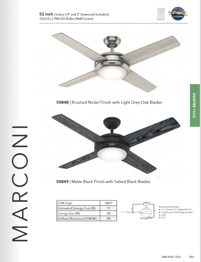 Hunter Fan Marconi 52" Indoor Ceiling Fan with 9W LED and Wall Control