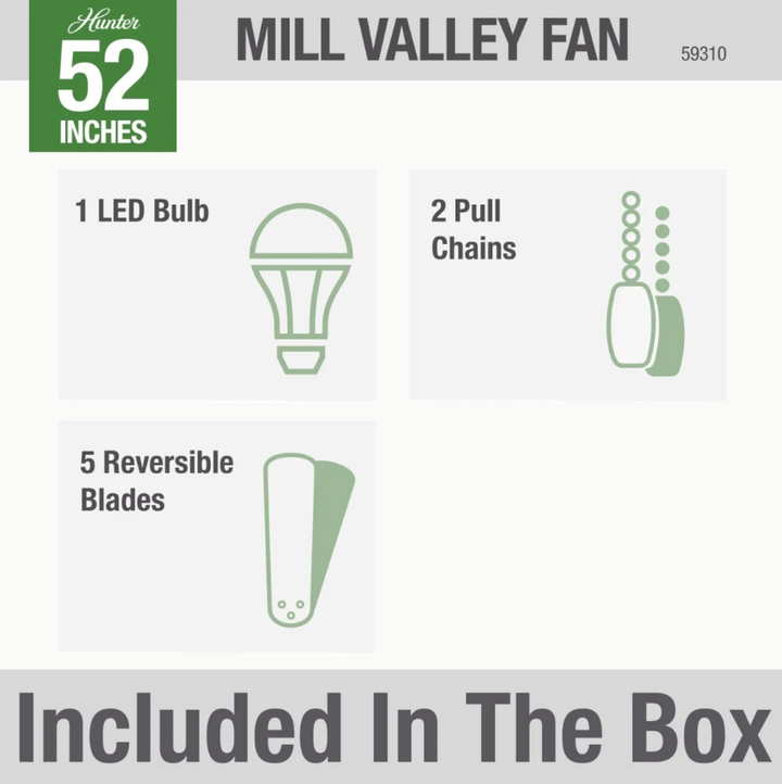 Hunter Fan Mill Valley 52" Indoor/Outdoor Flushmount Pull Chain Ceiling Fan with 5W LED