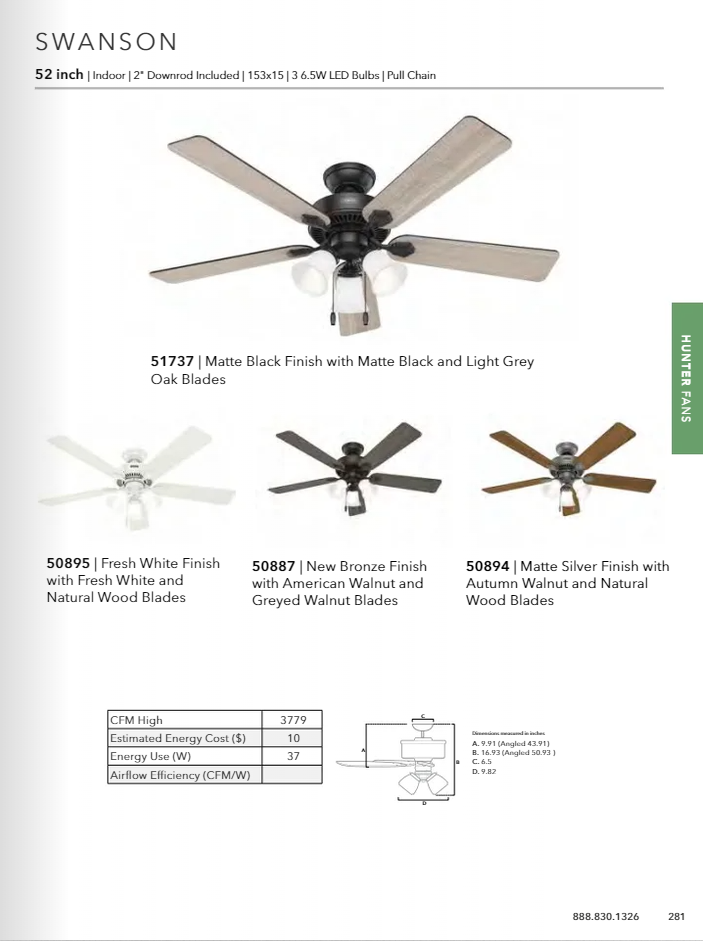 Hunter Fan Swanson 52" Indoor Pull Chain Ceiling Fan with 3 lights 19.5W LED