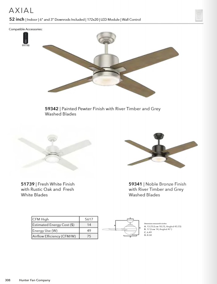 Casablanca Axial 52" Indoor Ceiling Fan with 16WLED and Wall Control