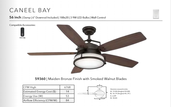 Casablanca Caneel Bay 56" Indoor/Outdoor Ceiling Fan with 27W and Wall Control in Maiden Bronze