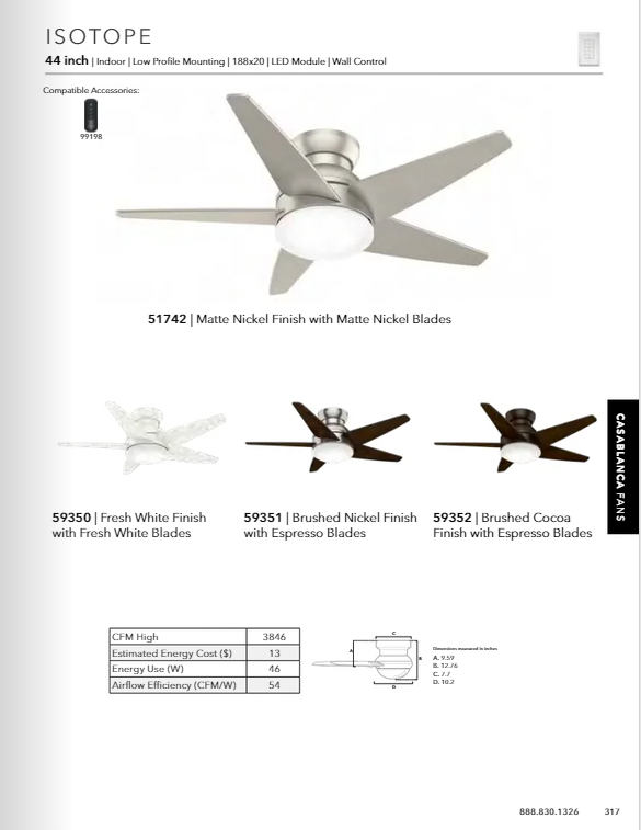 Casablanca Isotope 44" Indoor Flushmoutn Ceiling Fan with 18W LED and Wall Control