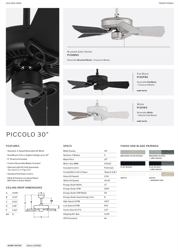 Craftmade Piccolo 30" Indoor/Outdoor Pull Chain Ceiling Fan