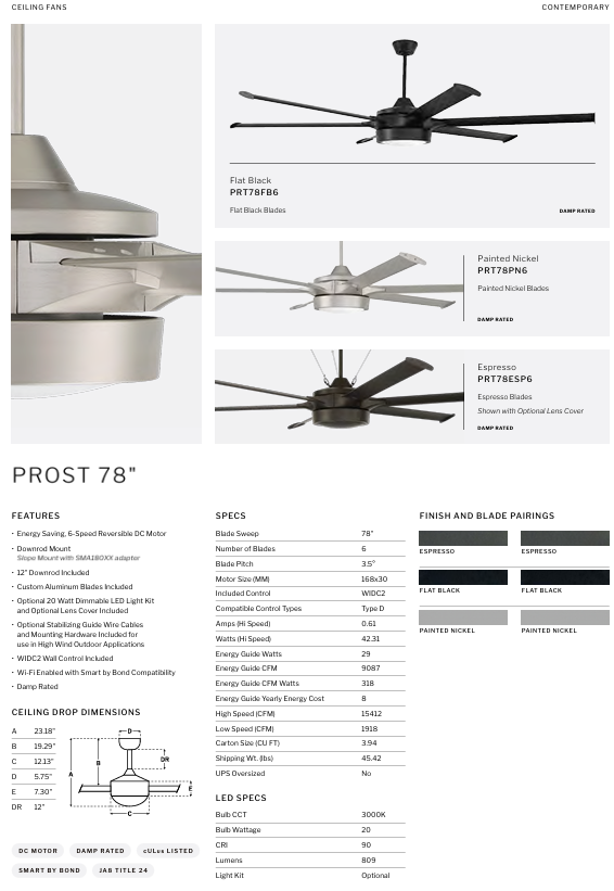 Craftmade Prost Indoor/Outdoor Smart DC Ceiling Fan with 20W LED and Wall and Remote Control