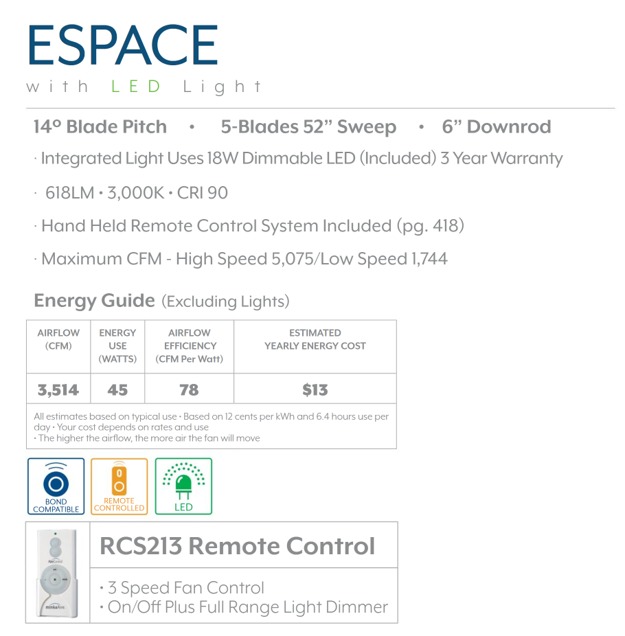 Minka Aire Espace 52" Ceiling Fan with 18W Dimmable LED Light and Remote Control