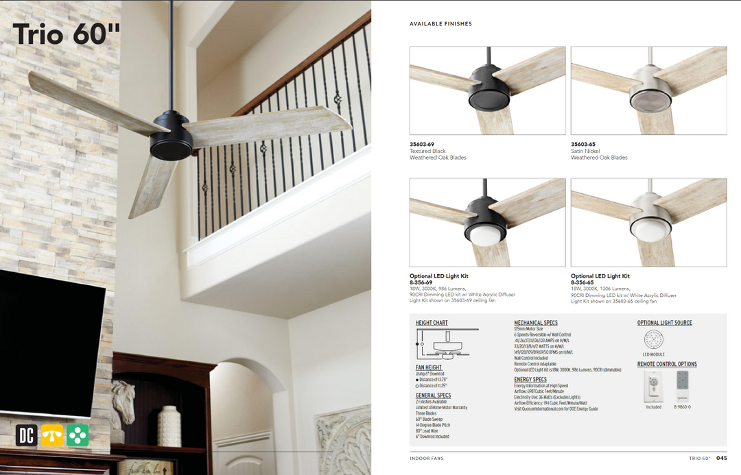 Quorum 60" Trio DC 18WLED Ceiling Fan with Wall Control