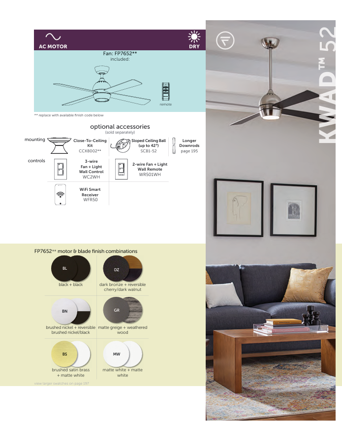 Fanimation Kwad 52" AC Motor Ceiling Fan with 18W LED Light and Remote Control