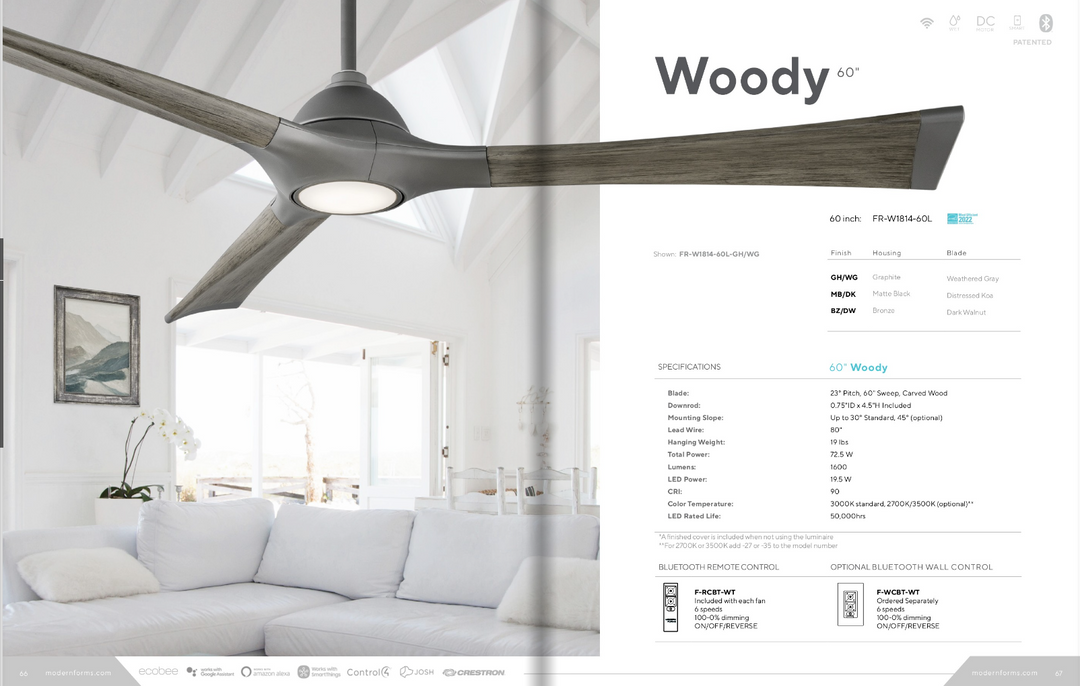 Modern Forms Fan Woody Smart Outdoor DC Ceiling Fan with 19W CCT LED and Remote