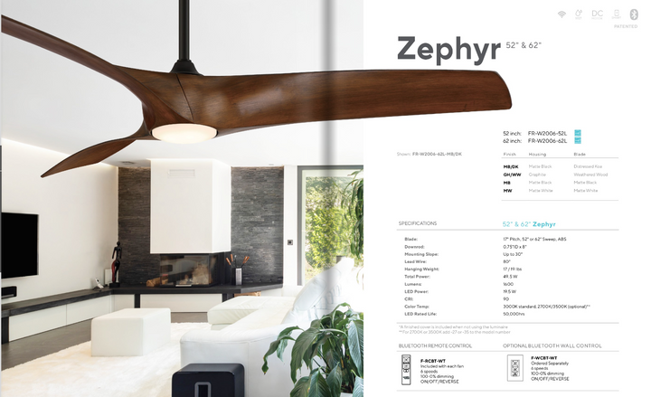 Modern Forms Fans Zephyr 62" Smart Outdoor DC Ceiling Fan with 19.5W LED Dimmable Light and Remote Control