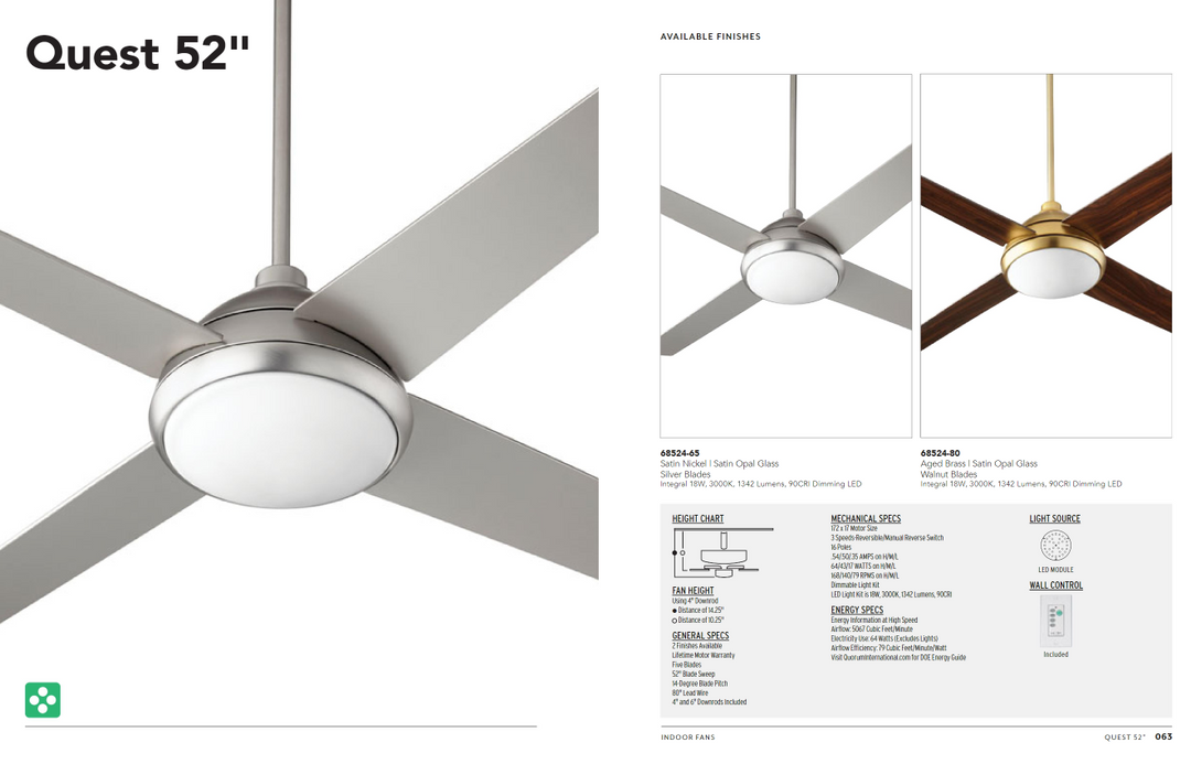 Quorum Quest 52" 18W LED Ceiling Fan with Wall Control