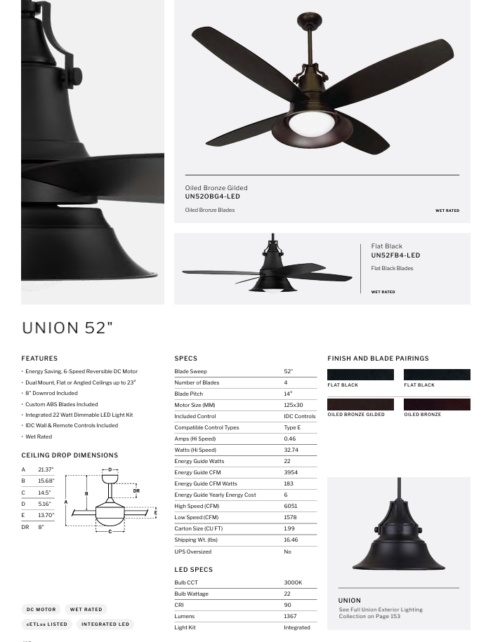 Craftmade Union 52" Smart Outdoor DC Ceiling Fan with 20W LED and Remote Control
