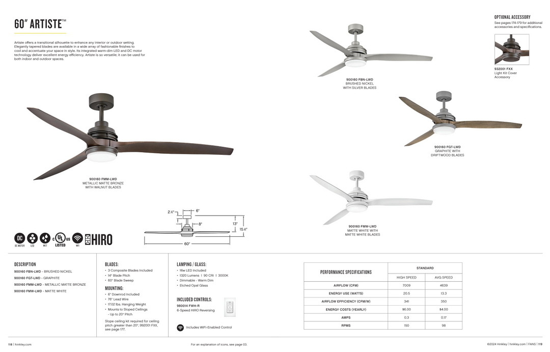 Hinkley Fan Artiste Smart Indoor/Outdoor DC 16W LED Ceiling Fan with Hiro Control