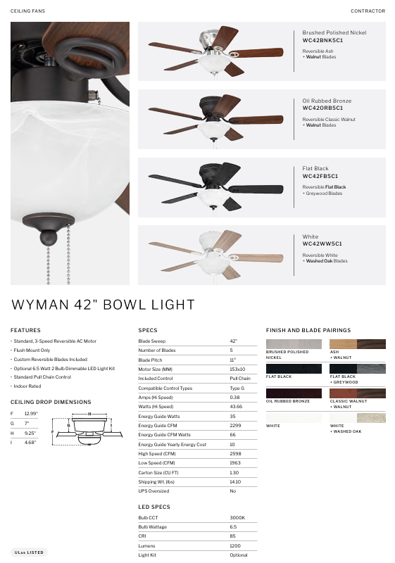 Craftmade Wyman Bowl Kit 42" Flushmount Pull Chain Ceiling Fan with LED Light Kit