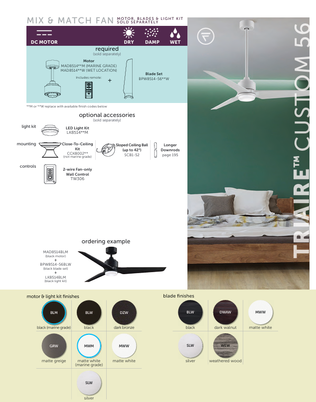 Fanimation 56" TriAire DC Indoor/Outdoor & Marine Grade Mix & Match Ceiling Fan with Remote Control