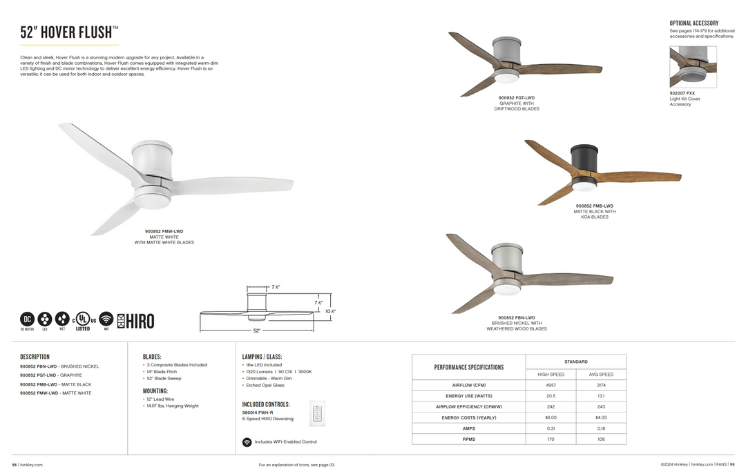 Hinkley Fan Hover Flush Smart Outdoor DC LED Ceiling Fan with Hiro Control