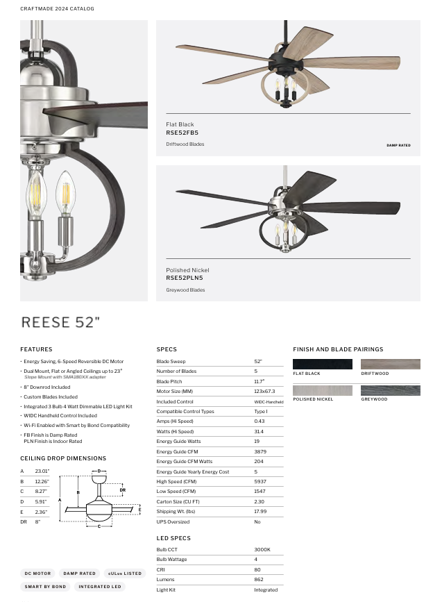 Craftmade Reese 52" Smart Indoor/Outdoor DC Ceiling Fan with LED and Remote