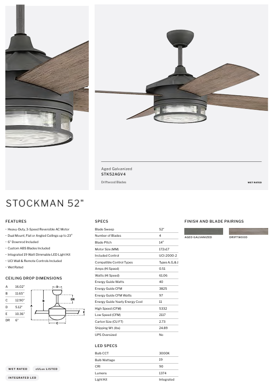 Craftmade Stockman 52" Outdoor Ceiling Fan with 19W LED plus Wall & Remote Control in Aged Galvanized