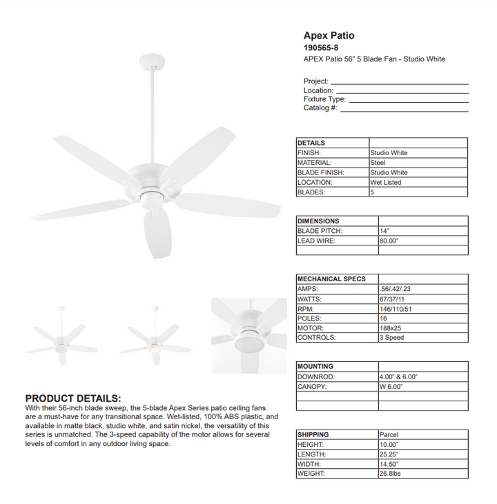 Quorum Apex 56" Outdoor Pull Chain Patio Ceiling Fan