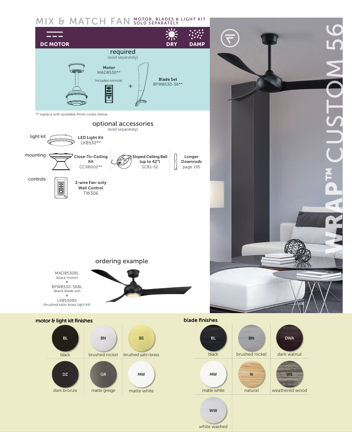 Fanimation Wrap 56" DC Indoor/Outdoor Mix & Match Ceiling Fan with Remote Control