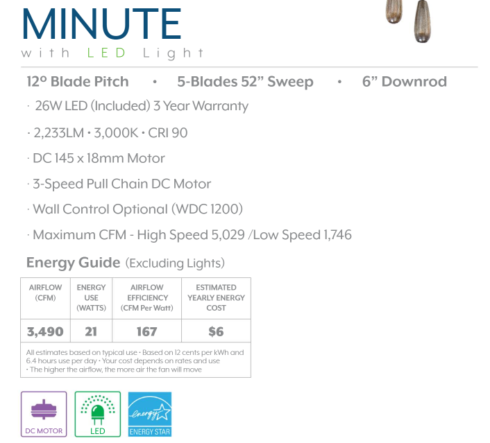 Minka Aire Minute 52" DC Pull Chain Ceiling Fan with 26W LED Light