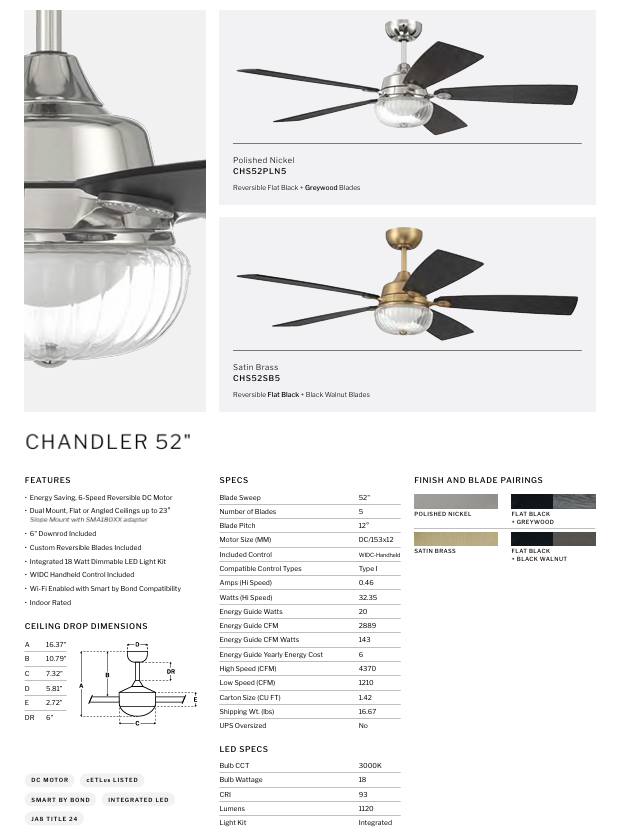 Craftmade Chandler 52" Smart DC Ceiling Fan with 18W LED and Remote Control