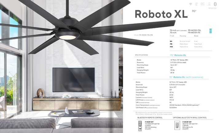 Modern Forms Fans Roboto Xl 70" Smart Outdoor DC Ceiling Fan with 19.5W LED and Remote Control