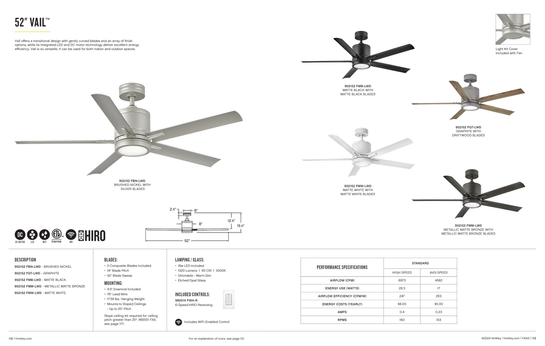 Hinkley Fan Vail 52" Smart Outdoor DC 16W LED Ceiling Fan with Hiro Control