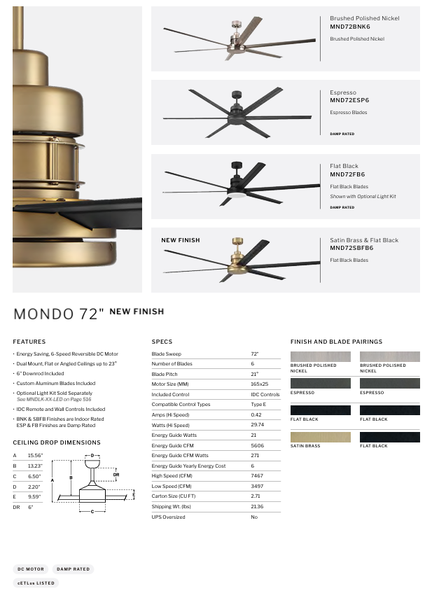 Craftmade Mondo 72" Indoor/Outdoor DC Ceiling Fan with Remote and Wall Control