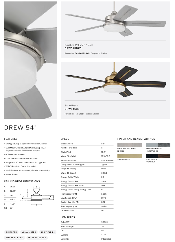 Craftmade Drew 54" Smart DC Ceiling Fan with 20W LED and Remote Control